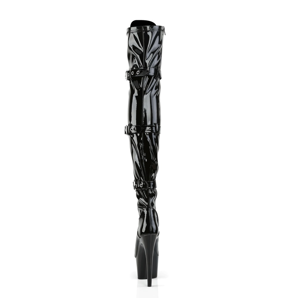 PLEASER Buckled Thigh-High Stiletto Boots in high-gloss black, showcasing a striking design with triple-buckle detail.