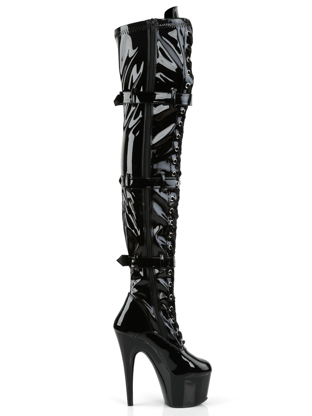 High-gloss black thigh-high platform stiletto boots with lace-up front and triple buckle design.