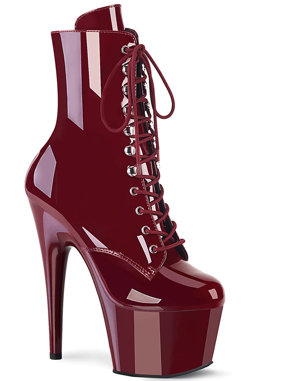 Burgundy lace-up ankle boots with stiletto heels and platform, perfect for bold fashion statements.