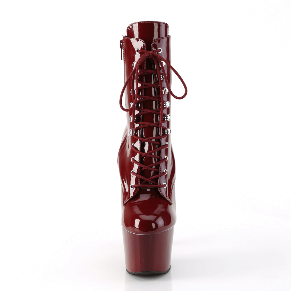 Bold burgundy lace-up ankle boots with stiletto heels and side zip for fashionable flair.