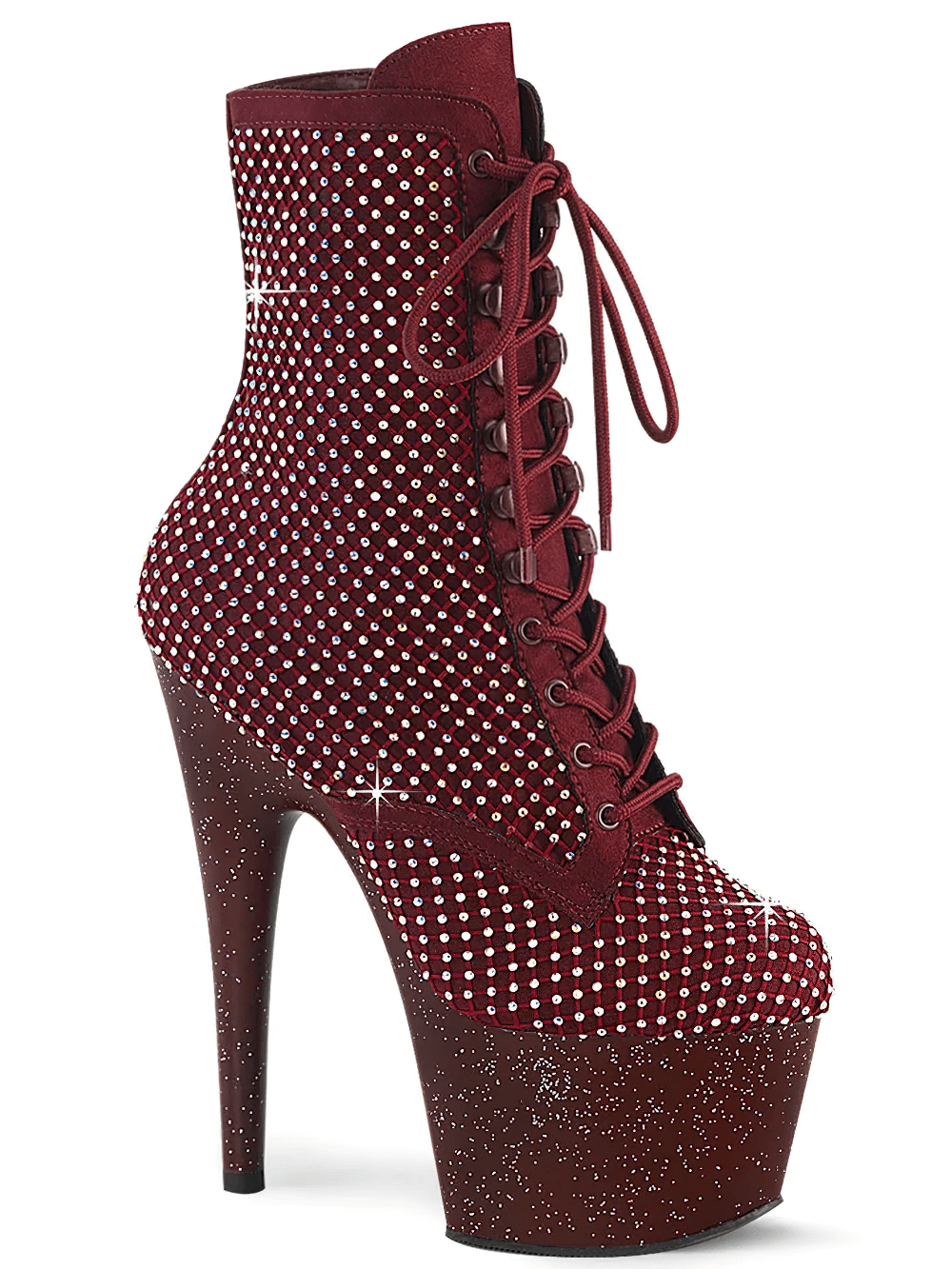 Burgundy lace-up ankle platform boots with rhinestone mesh and glittering heels, perfect for a night out.