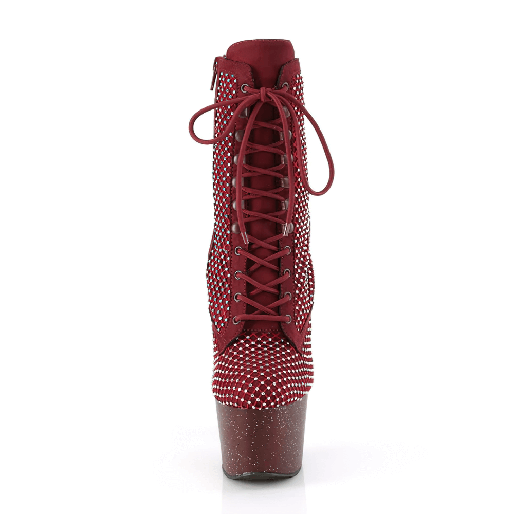 Burgundy lace-up ankle platform boots with rhinestone mesh overlay and iridescent glitter heels.