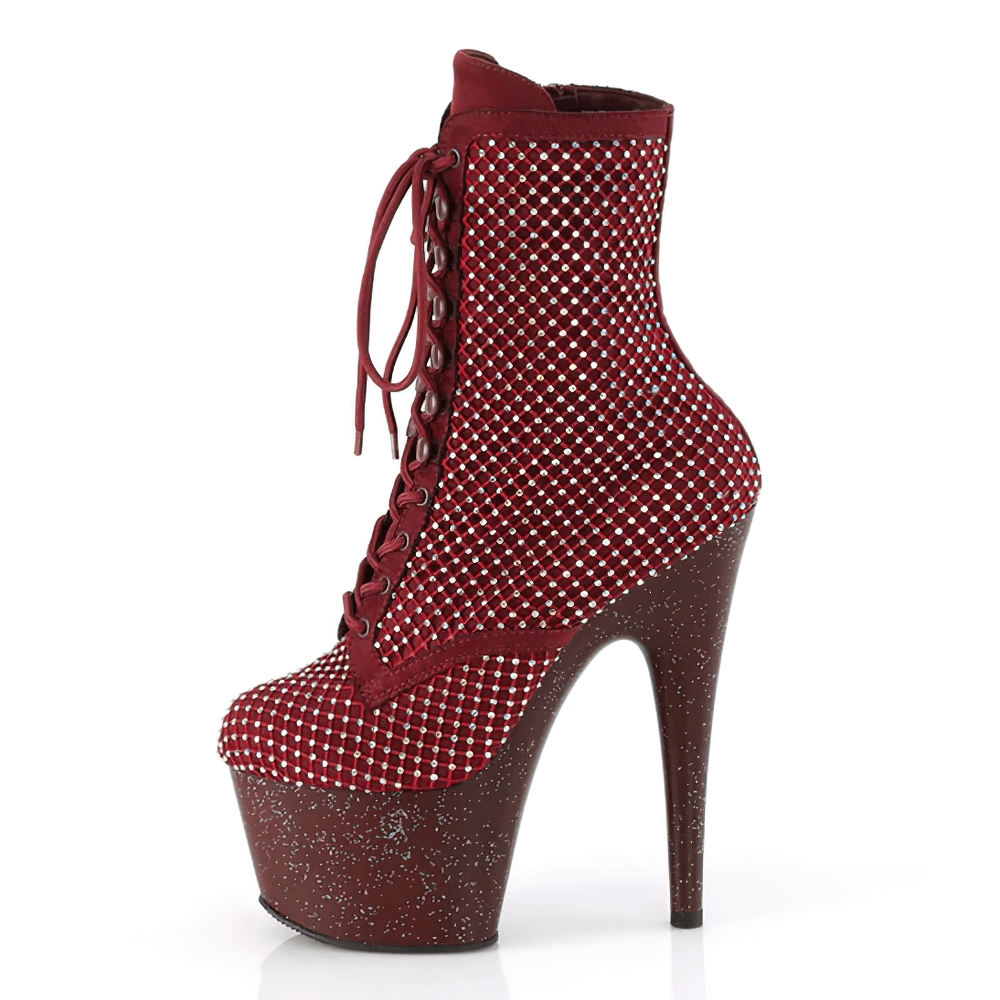 PLEASER burgundy lace-up ankle platform boots with rhinestone mesh and striking 7-inch heels, perfect for glamorous occasions.
