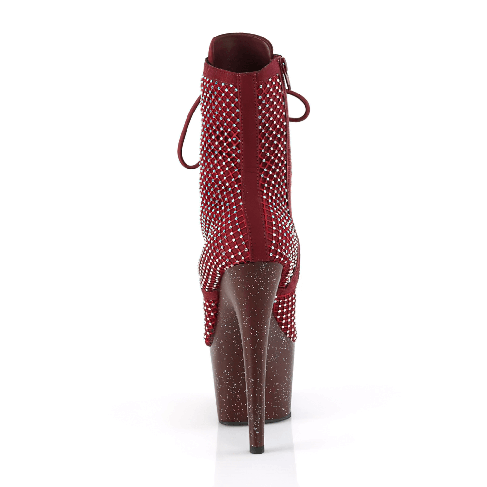 Back view of Pleaser Burgundy Rhinestone Lace-Up Ankle Platform Boots with sparkly platform and dazzling rhinestone mesh.