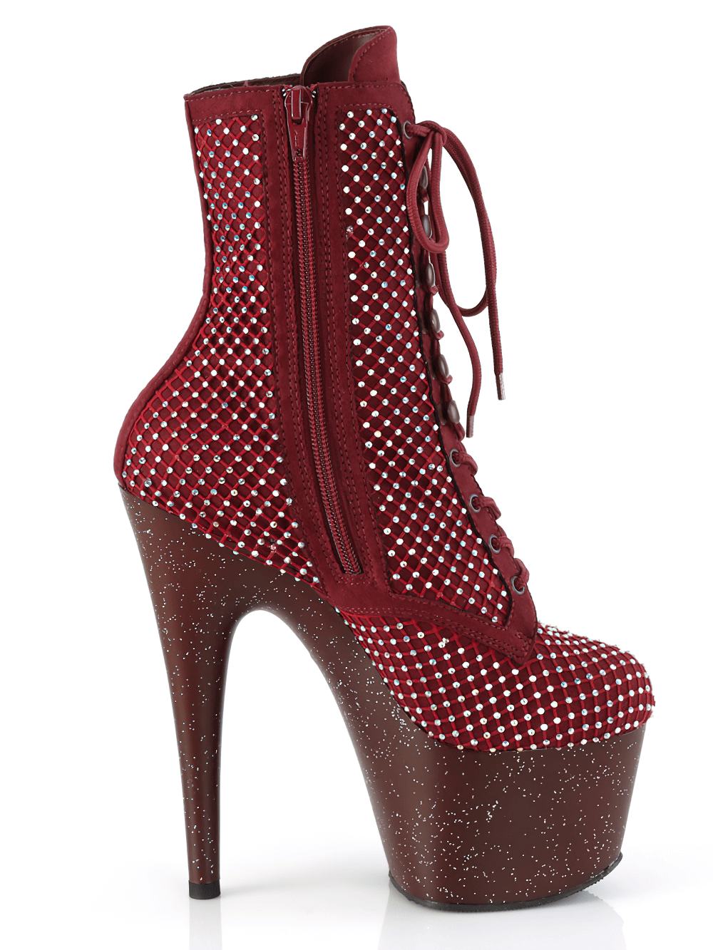 Burgundy lace-up ankle platform boots with rhinestone mesh overlay and a striking 7-inch heel, perfect for a glamorous look.