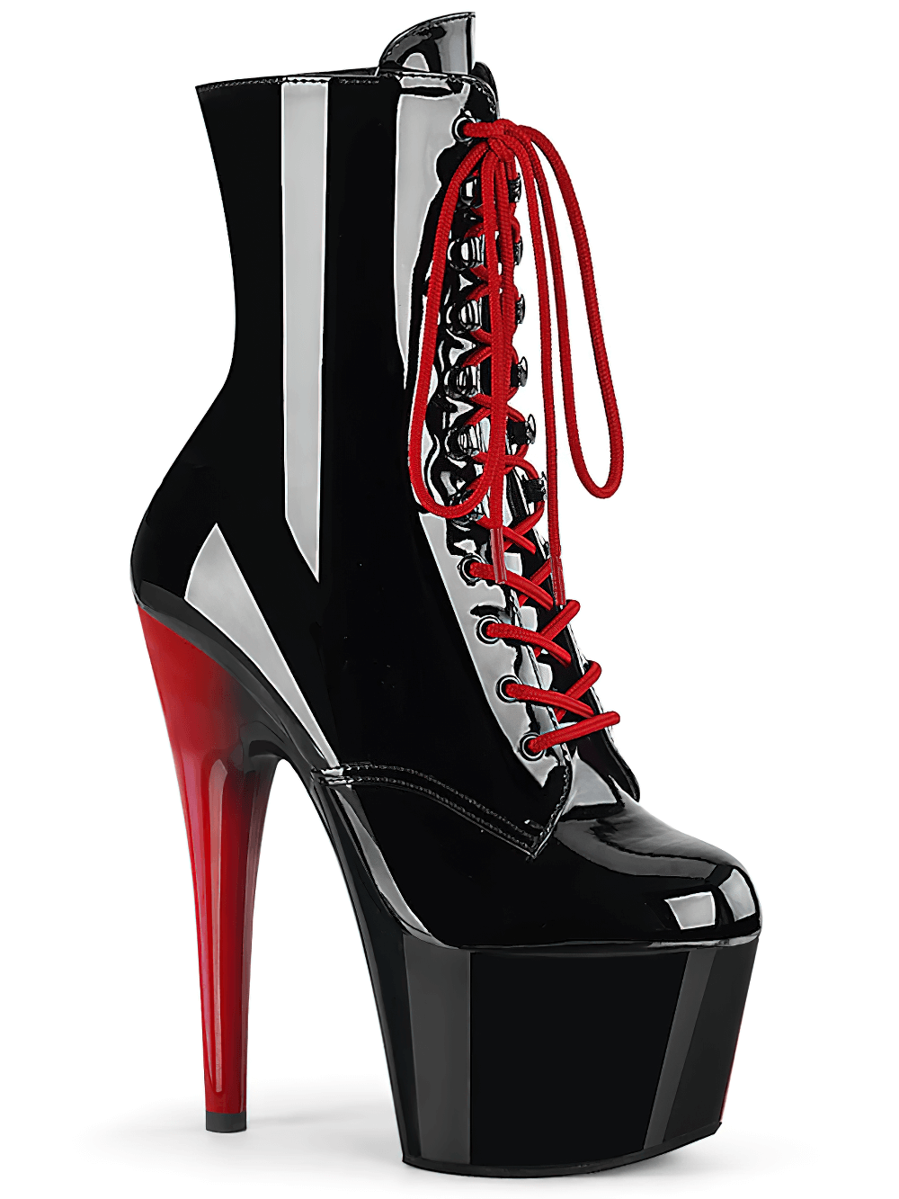 Striking black and red stiletto ankle boots with lace-up front and high platform heel.