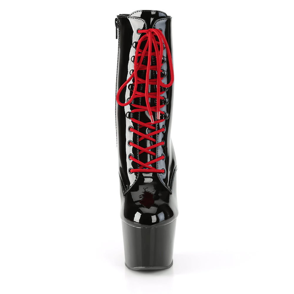 Striking black and red lace-up stiletto ankle boots with a high heel and platform.