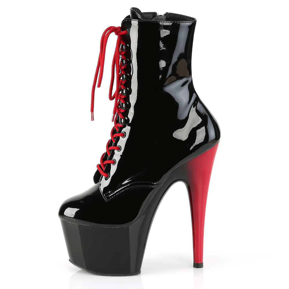 PLEASER chic black and red stiletto ankle boots with lace-up front and high platform heel.