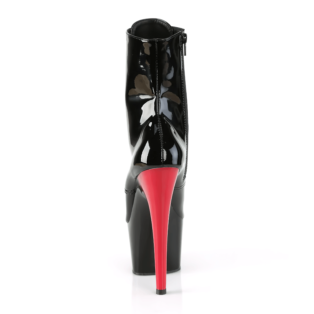 Back view of PLEASER Chic Black and Red Stiletto Ankle Boots showcasing a sleek design and bold stiletto heel.