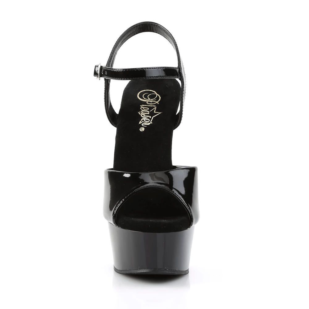 Chic black peep-toe stiletto platform sandals with ankle strap, perfect for stylish evenings out.