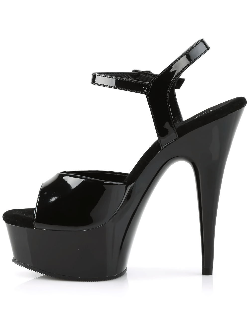 Black peep-toe stiletto platform sandals with ankle strap designed for elegance and style.