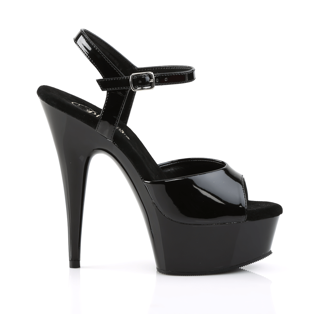 Elegant black peep-toe stiletto platform sandals with ankle strap, perfect for special events.