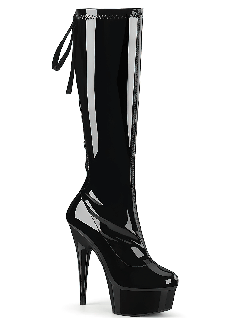 Glossy black lace-up knee-high boots with a high heel and platform for a chic, alternative style.