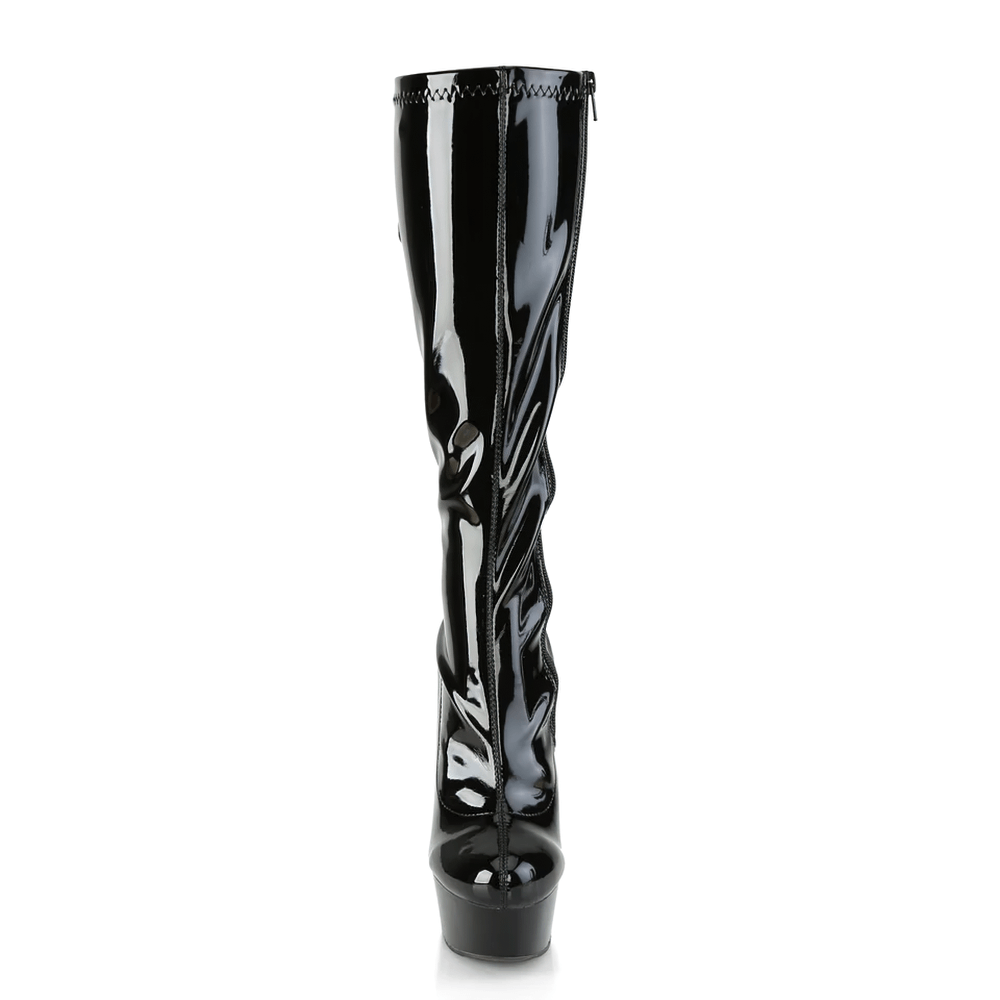 Chic glossy black knee-high boots with lace-up back and platform heel, perfect for bold fashion statements.