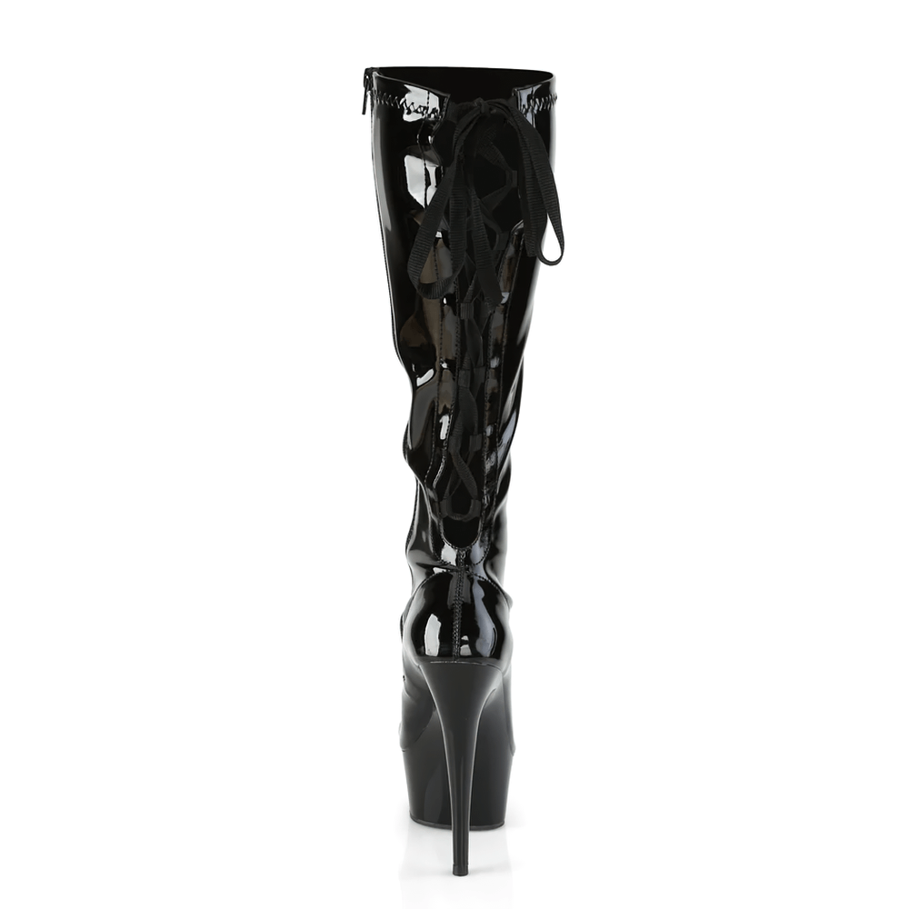 PLEASER Botas altas hasta la rodilla con cordones en color negro brillante y elegante