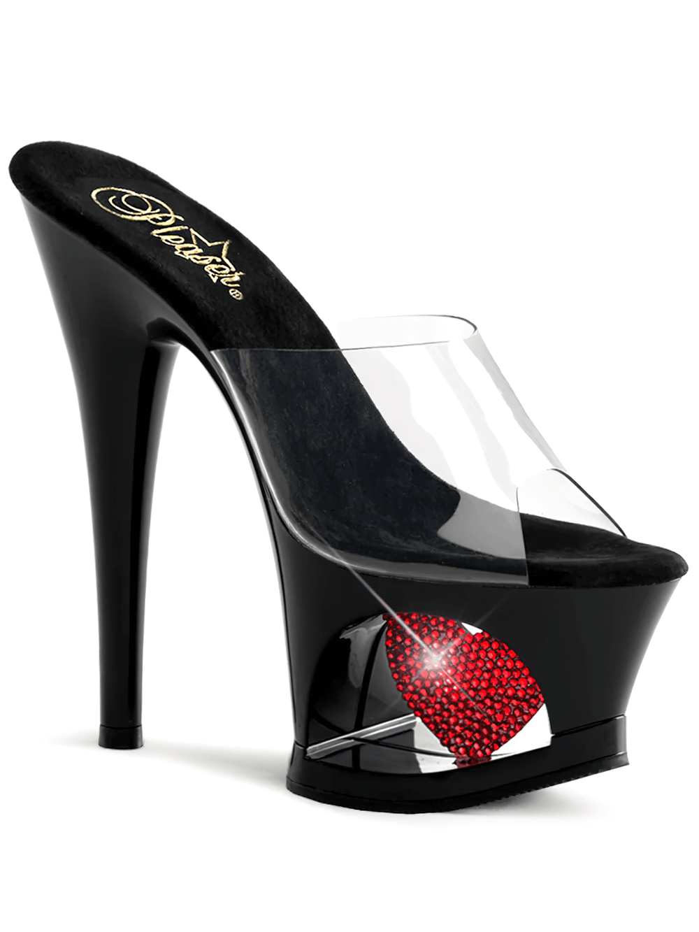 Stylish PLEASER Chic Platform Slides with a rhinestone heart accent and stiletto heel, perfect for glamorous nights out.