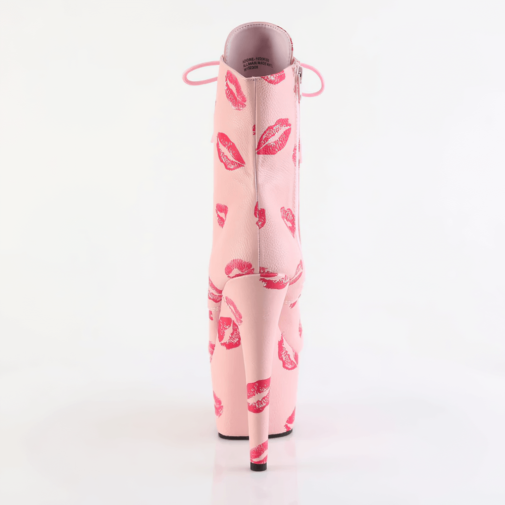 Back view of PLEASER Chic Women's Kiss Print Lace-Up Ankle Boots in pink faux leather with red lips design.