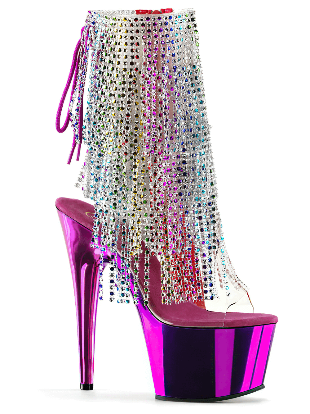 Sparkling Pleaser chrome stiletto heels with rhinestone fringe detail and open toe design.