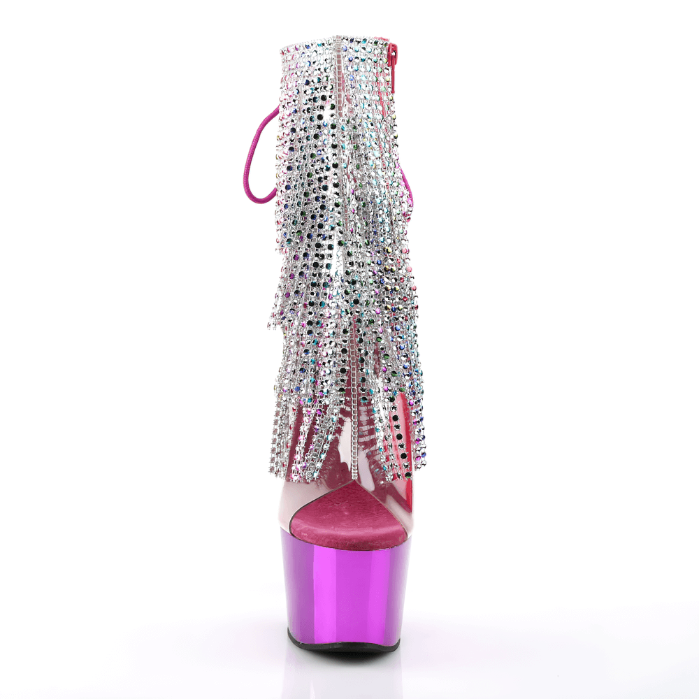 PLEASER chrome stiletto ankle boots with rhinestone fringe and purple platform, perfect for a dazzling entrance.