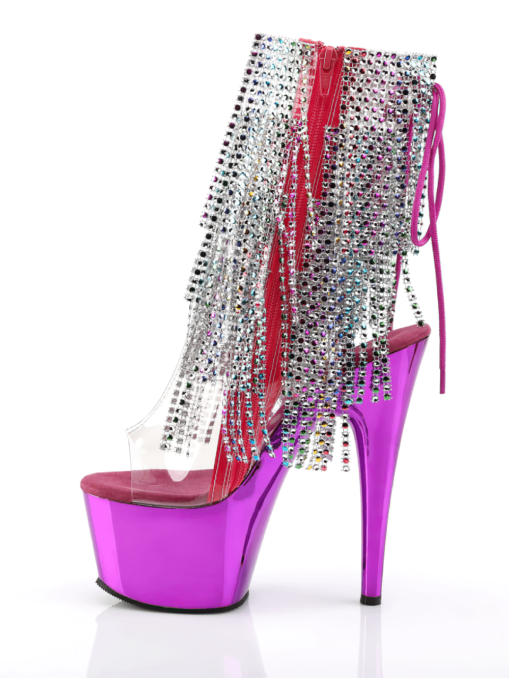 PLEASER pink chrome stiletto heels with rhinestone fringe detail for a dazzling shoe collection.