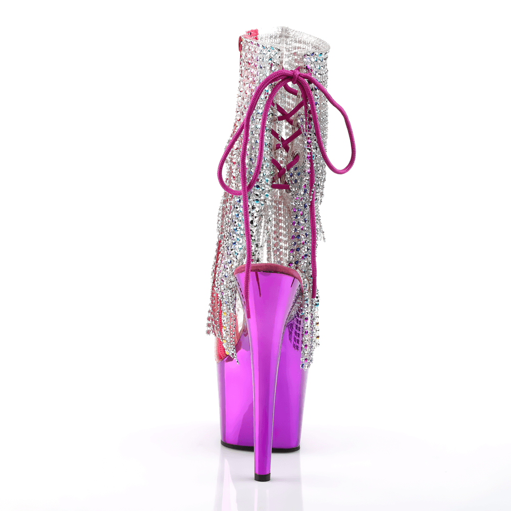 PLEASER chrome stiletto heels with sparkling rhinestone fringe, purple color, open-toe design, perfect for dramatic entrances.