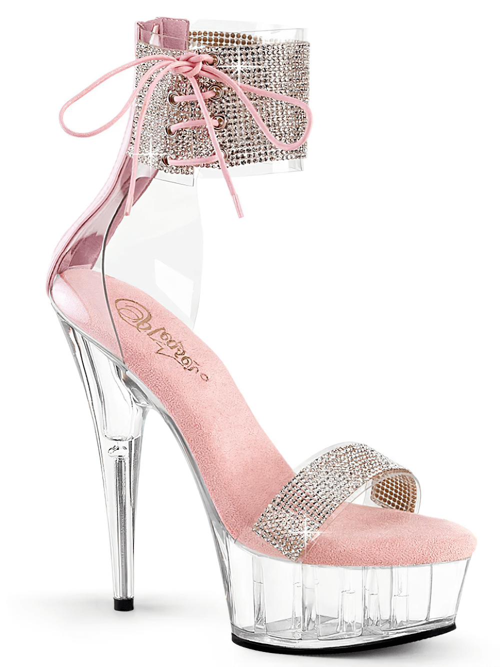 Chic Pleaser clear and pink sandals heels with rhinestone cuff and ankle lacing, featuring a stunning 6" heel.