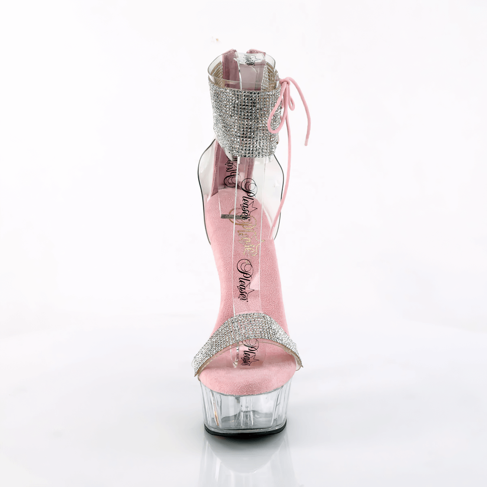 Chic Pleaser clear and pink sandals with rhinestone cuff, 6" heel, 1 3/4" platform, and stylish ankle lacing.