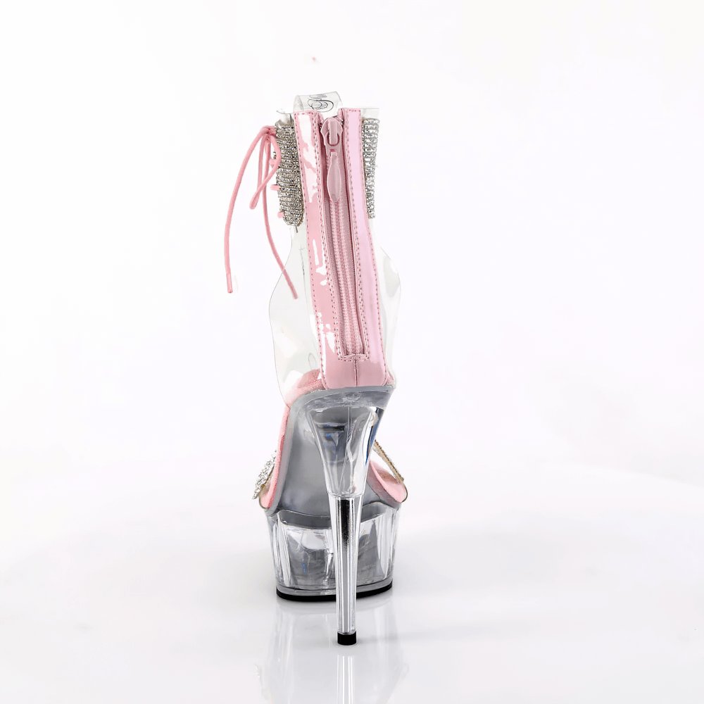 Back view of Pleaser clear and pink sandal heels with rhinestone cuff and zip closure.