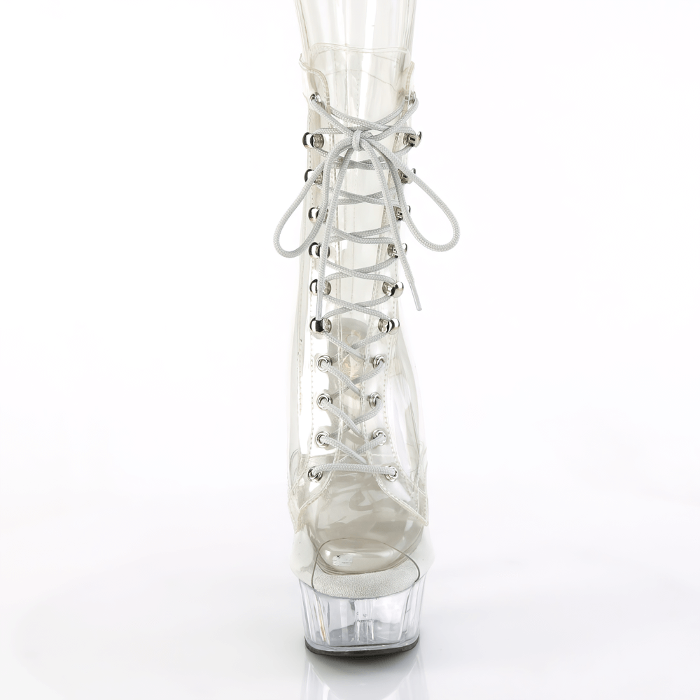Clear vinyl lace-up ankle boots with peep toe and platform heel for dancers and performers.