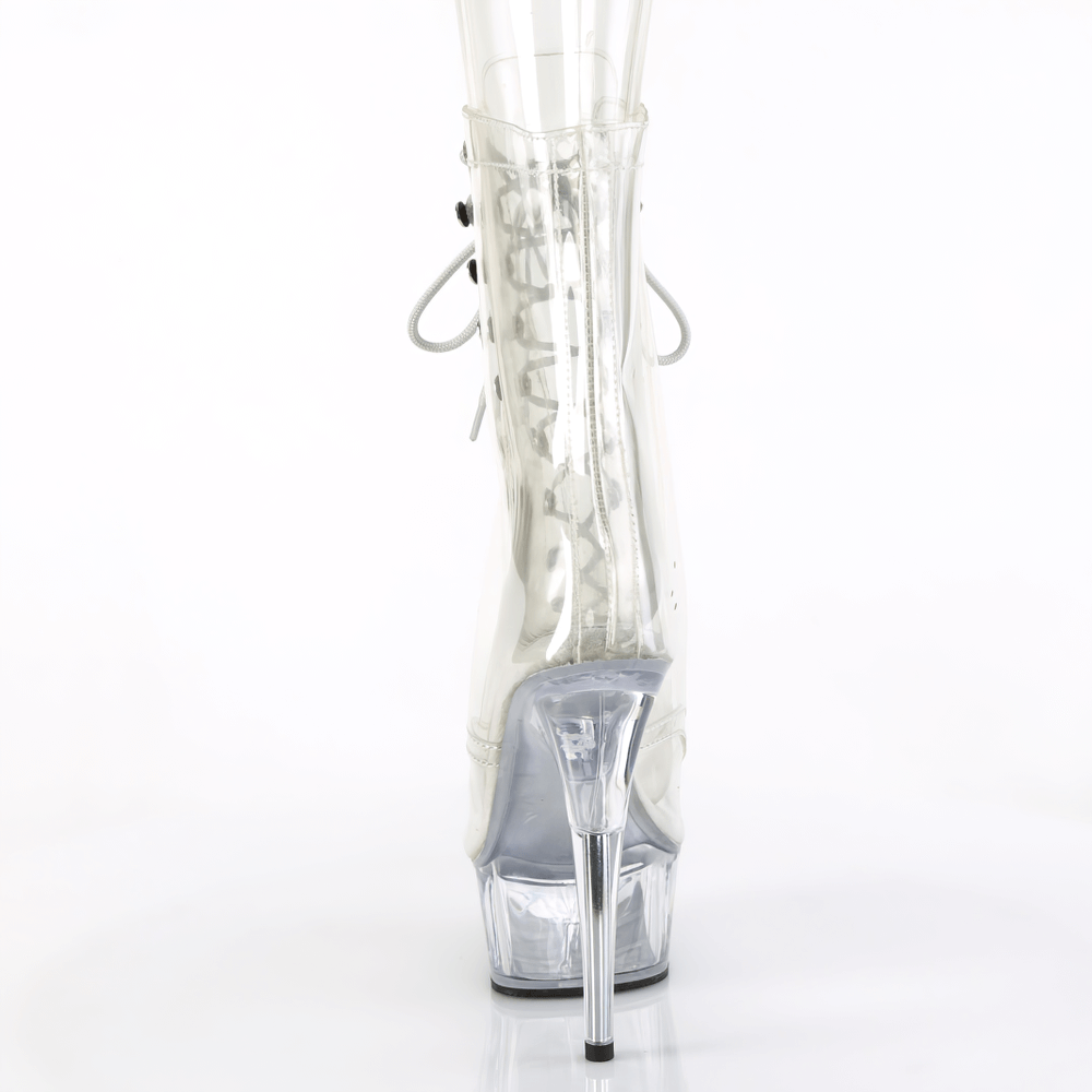 Back view of PLEASER clear lace-up vinyl ankle boots with a peep toe and high heel design, perfect for dancers and performers.