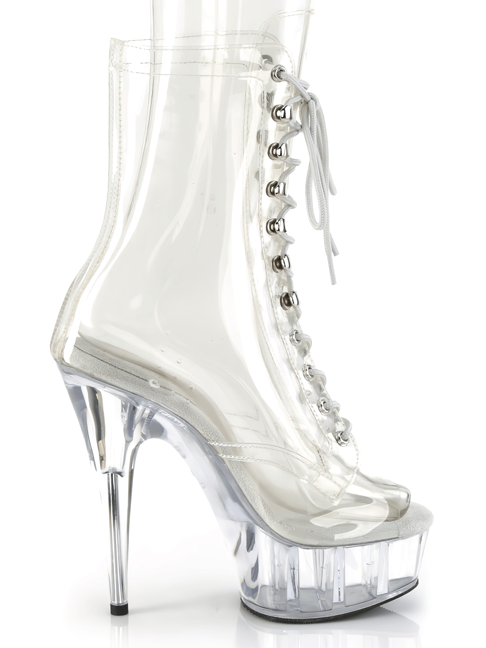Clear vinyl lace-up ankle boots with 6-inch heel and peep toe, perfect for dancers and style enthusiasts.