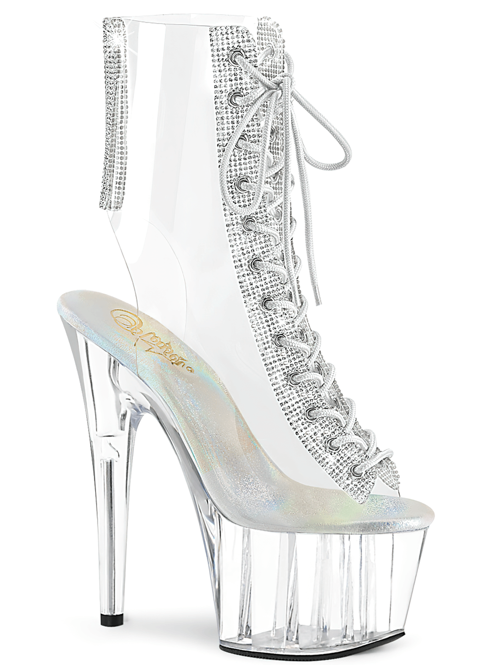 PLEASER Clear Rhinestone Lace-Up Shoes with 7-Inch Heels