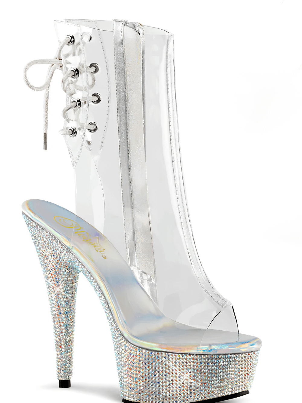 PLEASER Clear Rhinestone Shoes Heel with Lace-Up Back