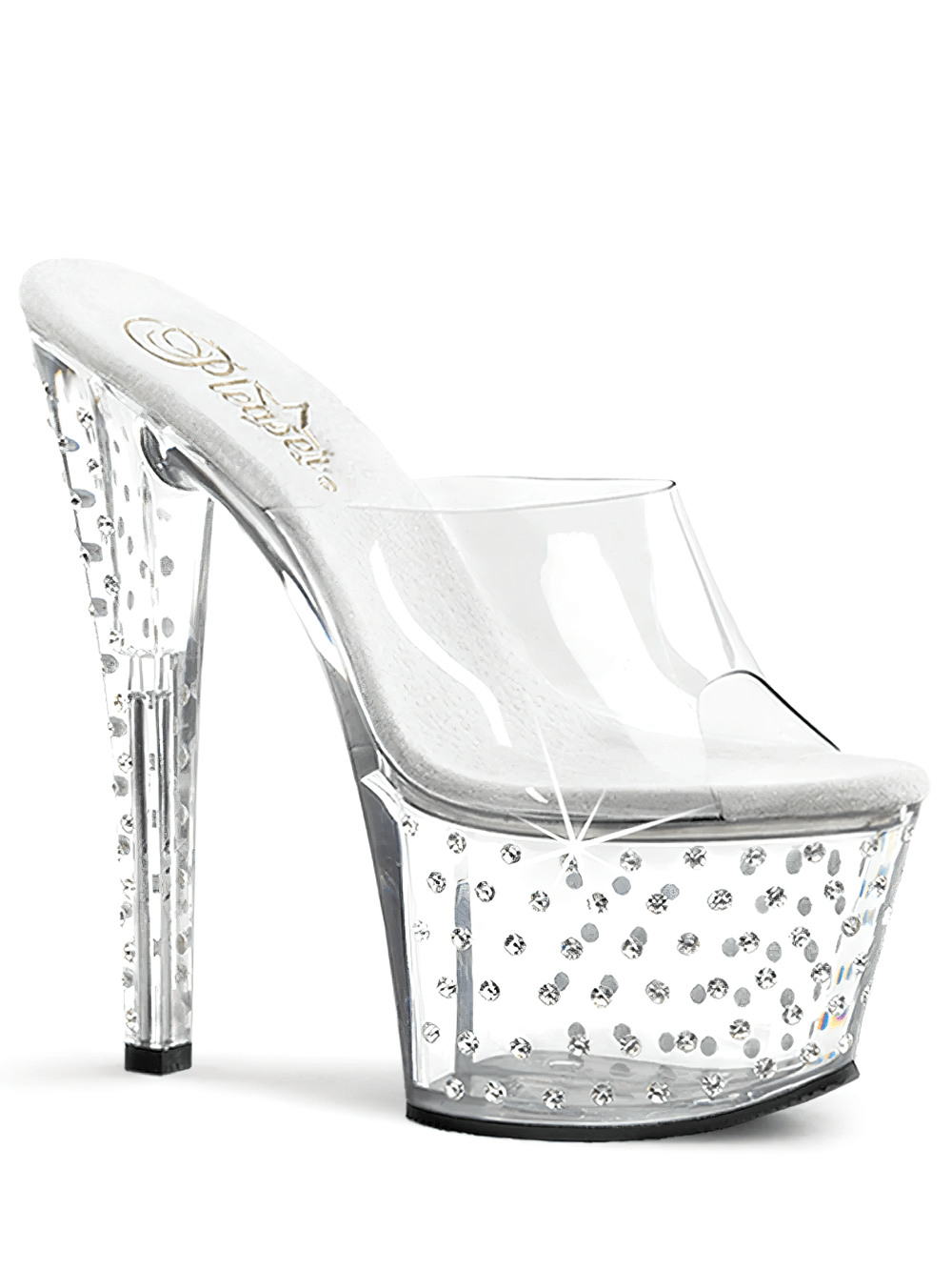 PLEASER Clear Slide Sandals with Rhinestone-Studded Platform