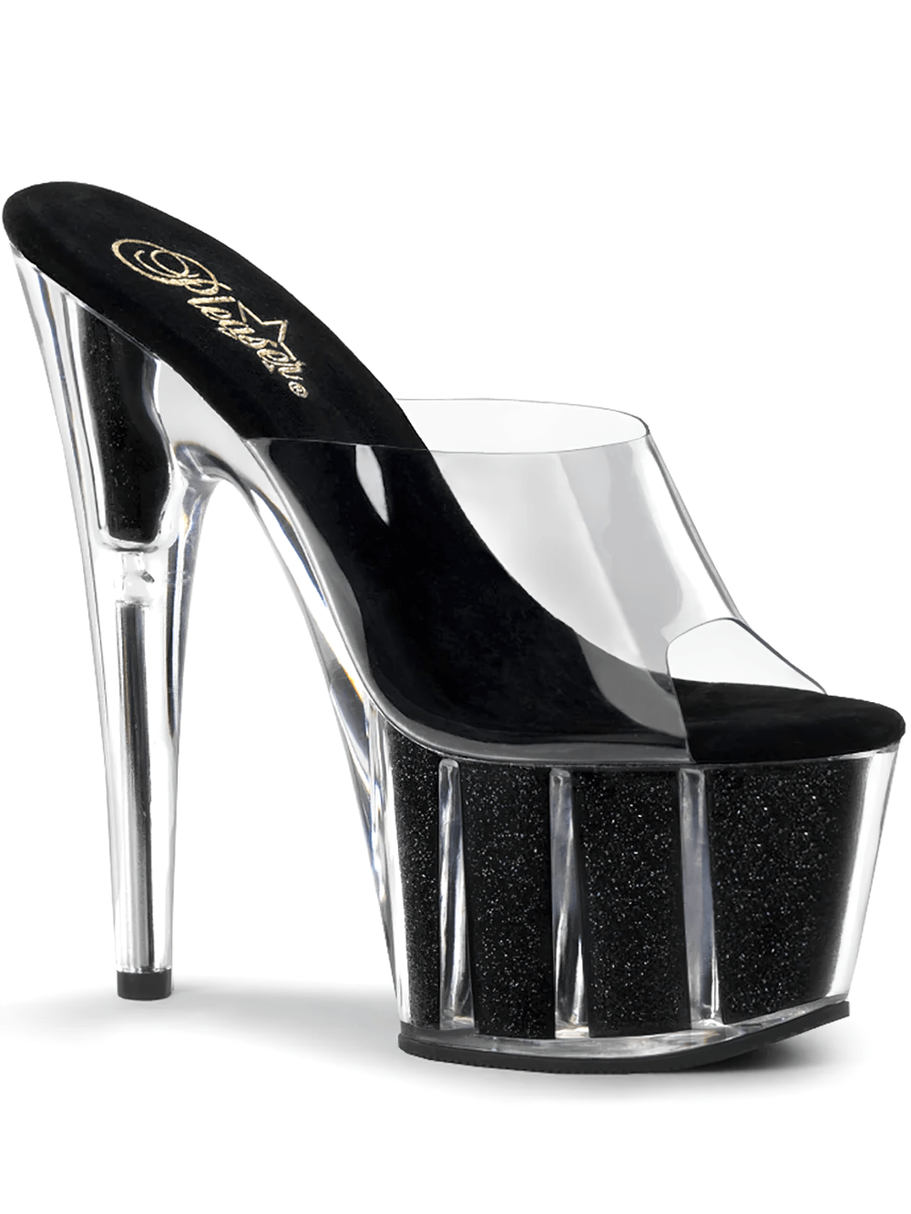PLEASER Clear Strap Glitter Stiletto Platform Slides with 7-inch heel and striking black glitter platform.