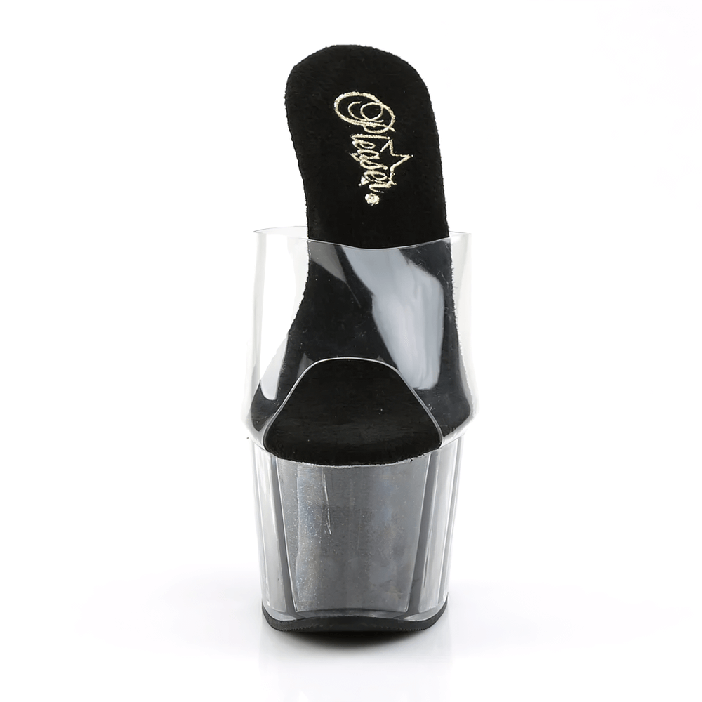 PLEASER Clear Strap Glitter Stiletto Platform Slides with 7-inch heel and glitter platform, perfect for glamorous looks.
