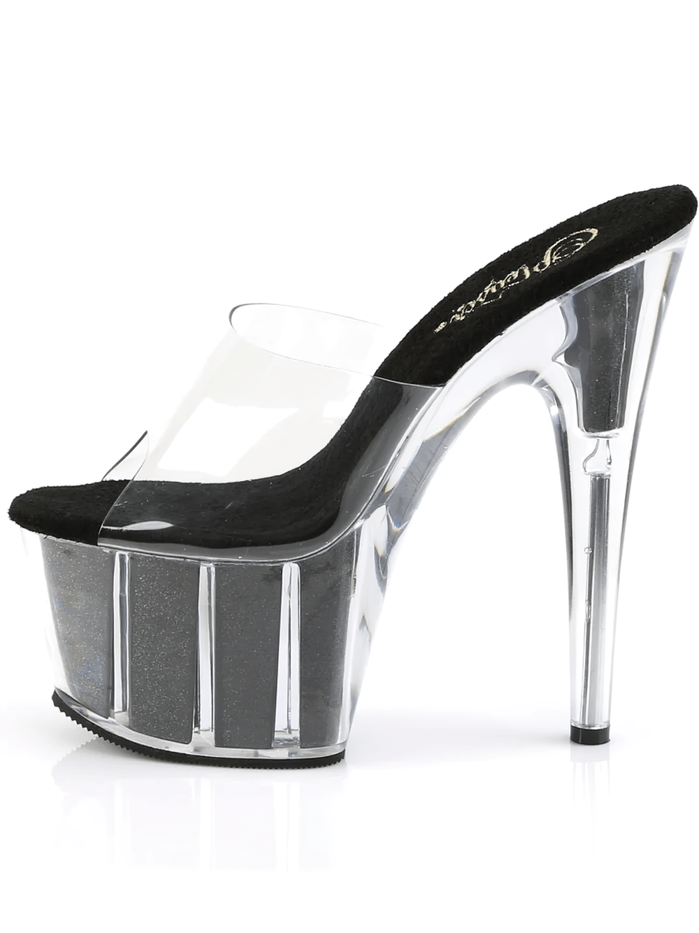 PLEASER Clear Strap Glitter Stiletto Platform Slides showcasing a sleek design with a towering heel and dramatic glitter-filled platform.