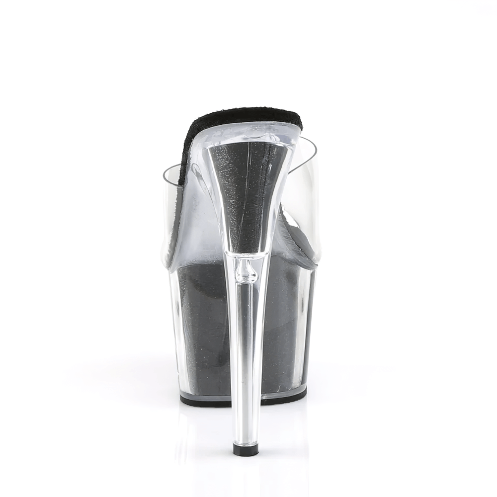 Back view of PLEASER Clear Strap Glitter Stiletto Platform Slides showcasing its striking 7-inch heel and glitter-filled platform.