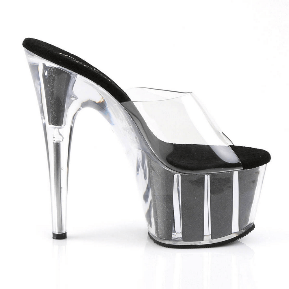 PLEASER Clear Strap Glitter Stiletto Platform Slides with 7-inch heel and glitter-filled platform for stunning style.