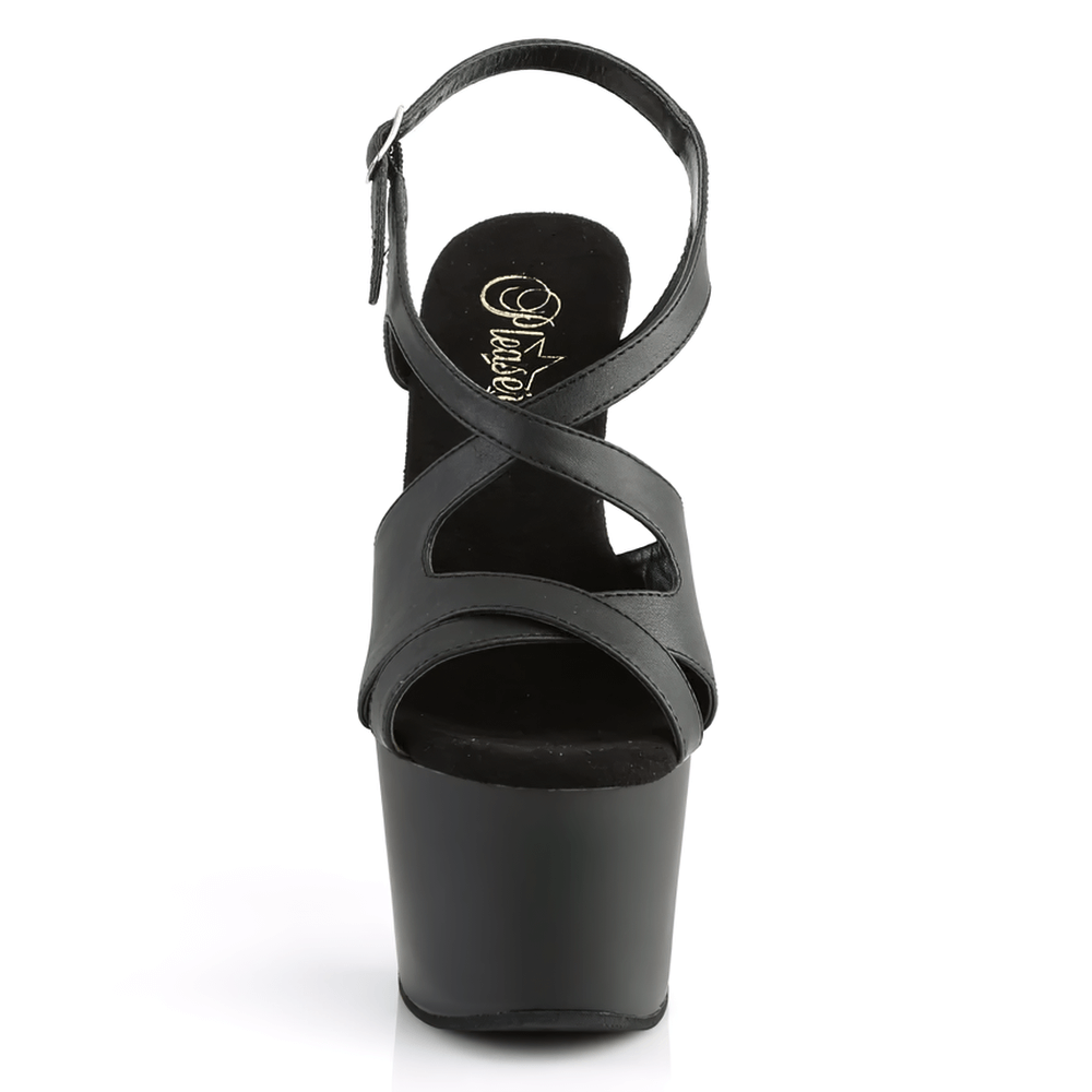 Front view of PLEASER Criss Cross Slingback Platform Sandals in sleek black vegan leather, featuring a stylish 7-inch stiletto heel.