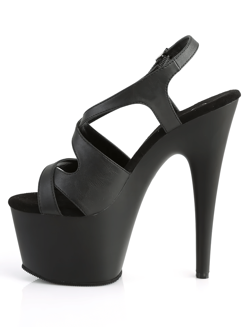 Black criss-cross slingback platform sandals with a 7-inch stiletto heel, perfect for stylish night outings.