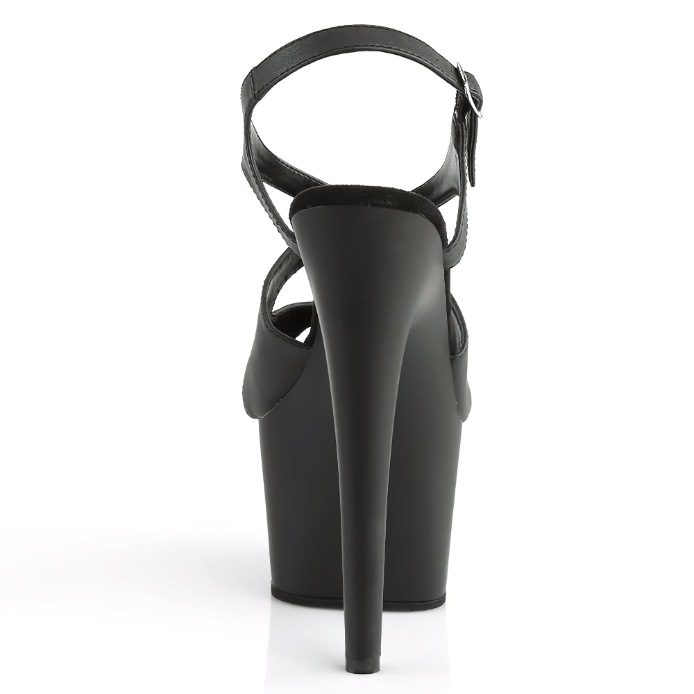 Back view of PLEASER Criss Cross Slingback Platform Sandals showcasing a sleek stiletto heel and criss-cross design.