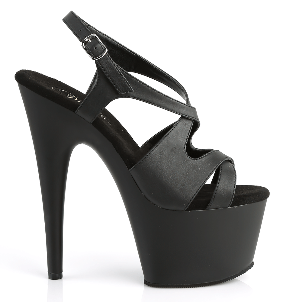 Elegant black vegan leather criss cross slingback platform sandals with 7-inch stiletto heel for stunning style.