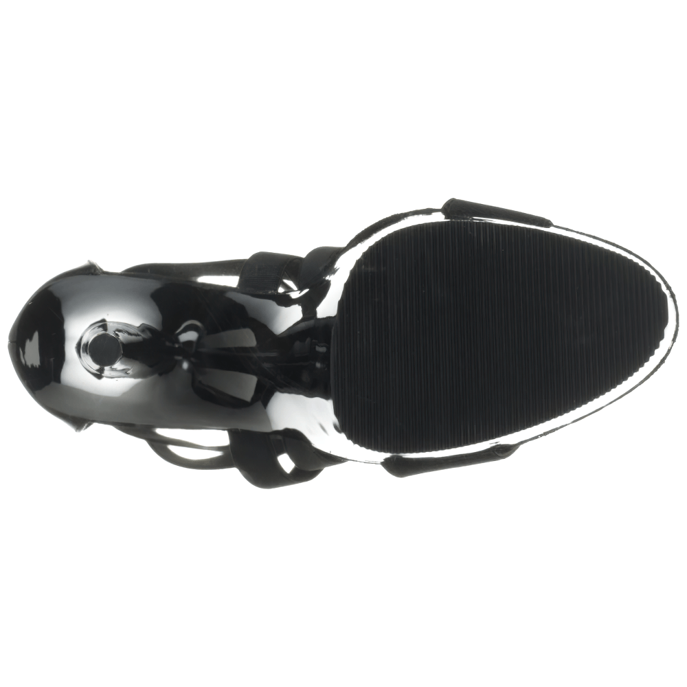 Top view of Pleaser criss-cross stiletto sandals featuring a chrome platform and elastic straps for a bold style.