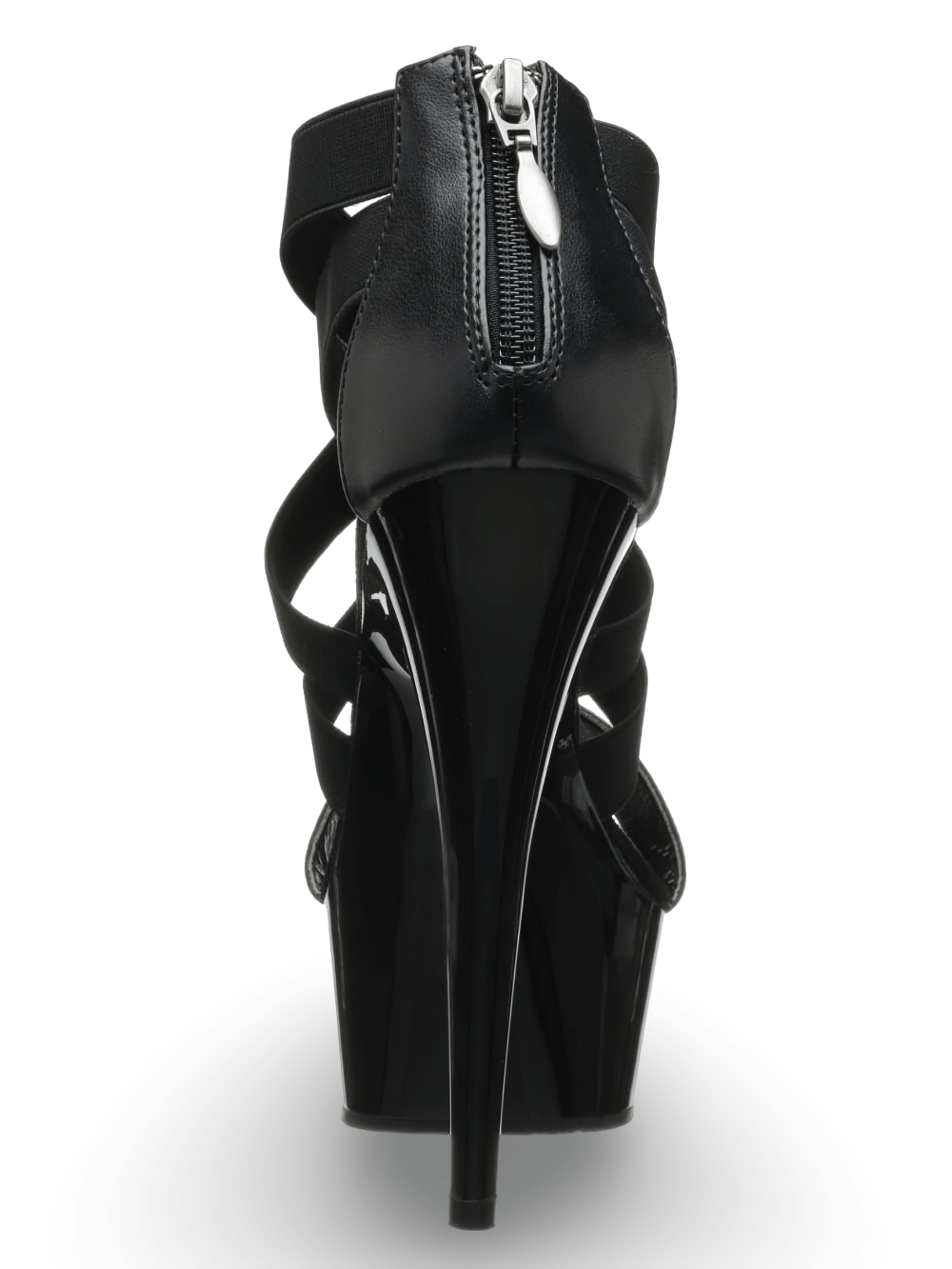 Back view of PLEASER Criss-Cross Stiletto Sandals with chrome platform and zip closure, perfect for stylish nights out.