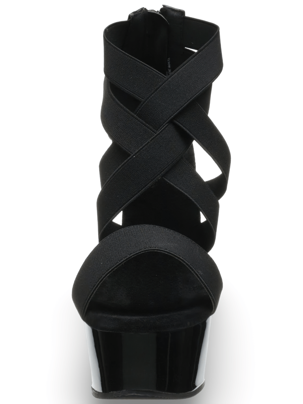 Front view of PLEASER criss-cross black stiletto sandals with chrome platform and elastic straps.