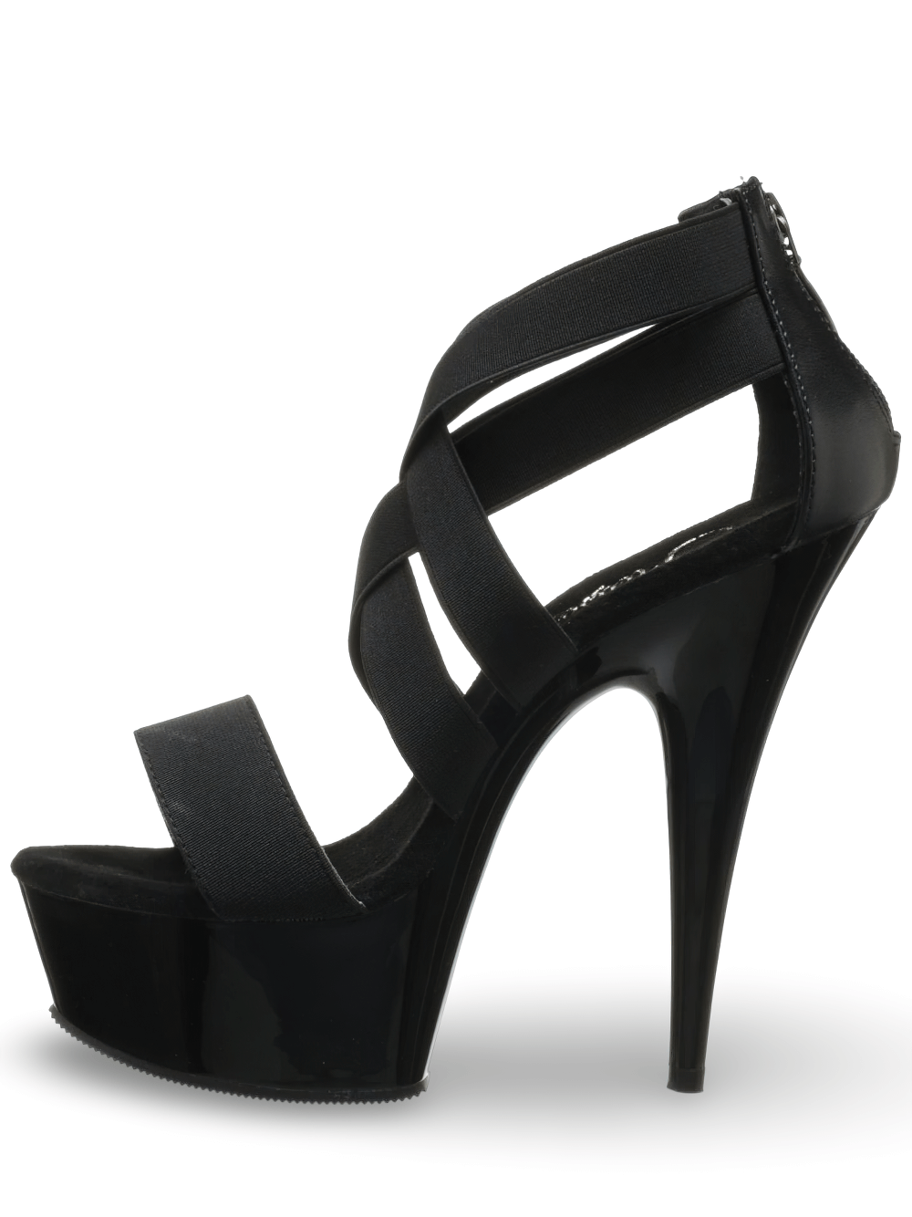 Black criss-cross stiletto sandals with chrome platform and elastic straps, perfect for bold statements and special events.