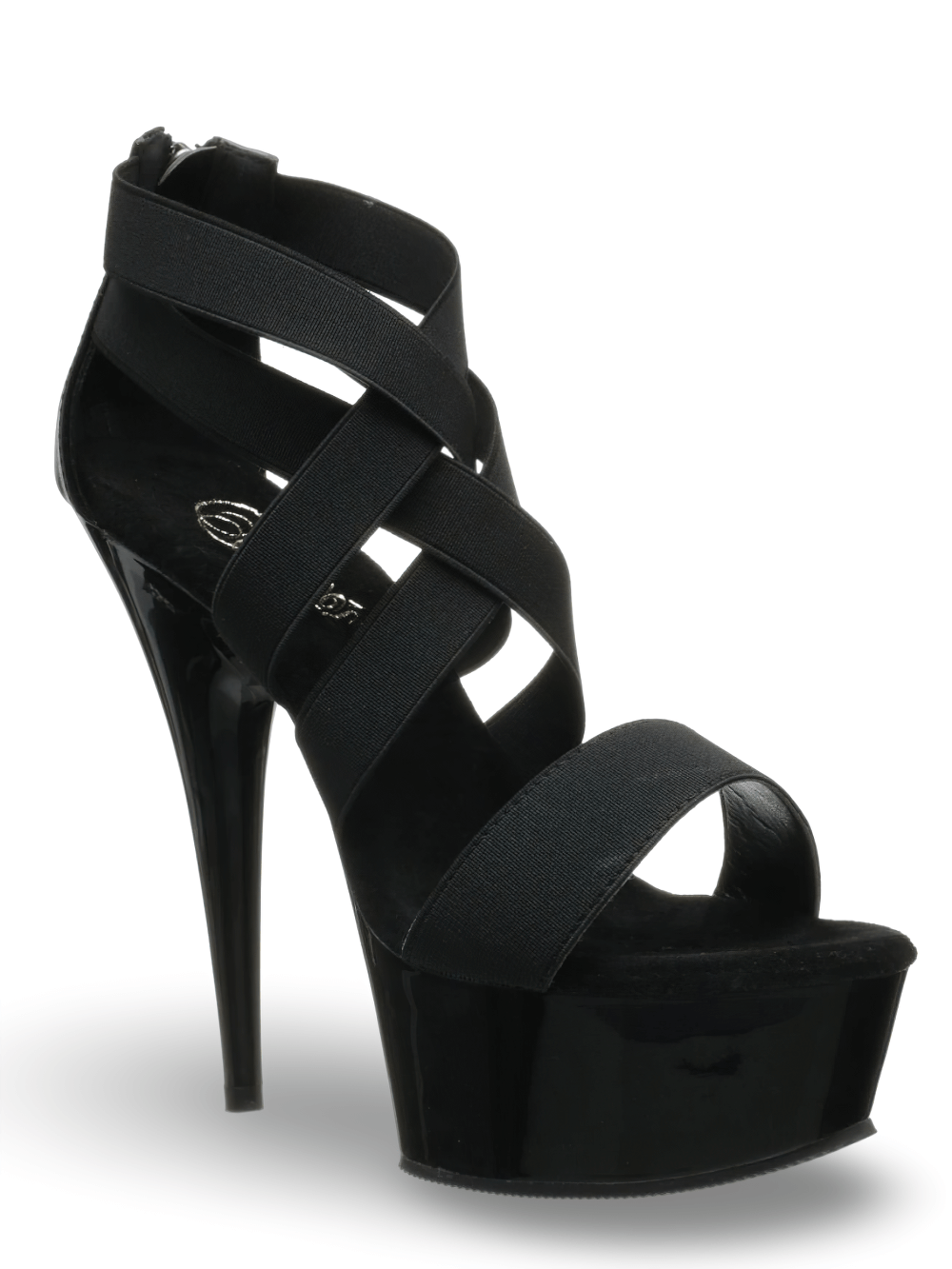 Strappy black criss-cross stiletto sandals with chrome platform and elastic straps, perfect for stylish nights out.