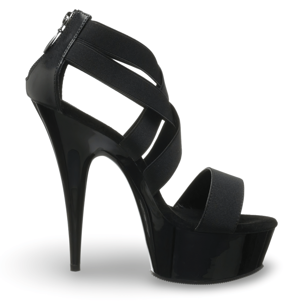 Strappy black criss-cross stiletto sandals with chrome platform, featuring elastic straps and back zip closure.