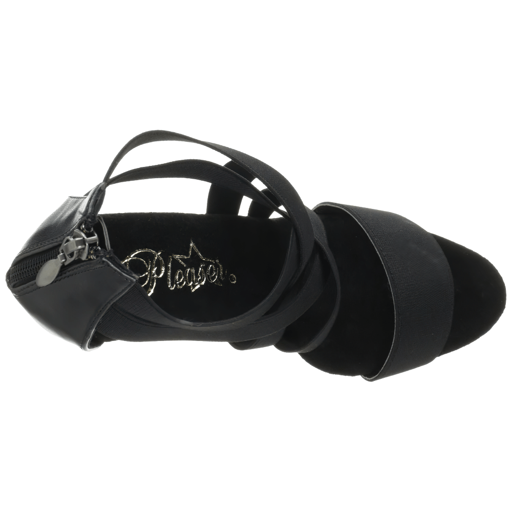 Top view of PLEASER criss-cross stiletto sandals with elastic straps and chrome platform detail.